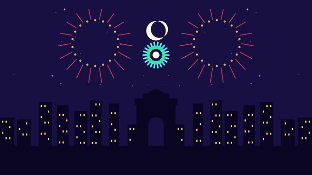 Diwali symmetric fireworks over Indian city skyline at night, flat vector animation seamless loop