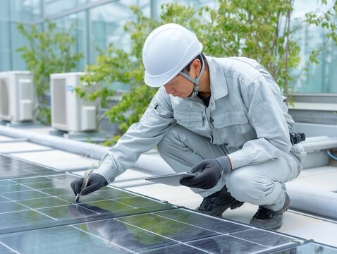 太陽光パネルの保守点検作業でタブレットを手に持ち点検箇所をチェックする作業服の男性