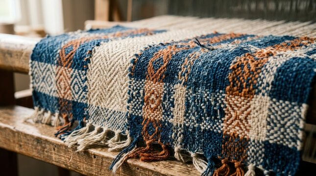Hand-woven textile with traditional blue and white patterns on an old wooden loom, showcasing artisanal craftsmanship and rustic fabric texture