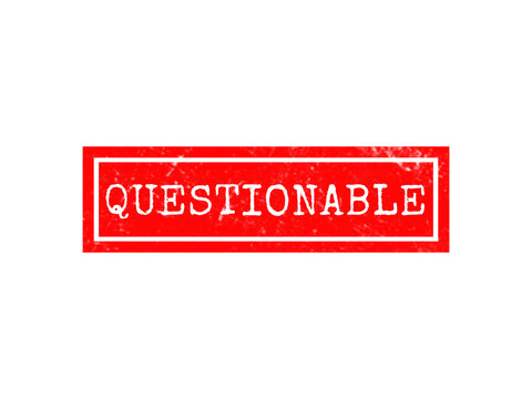 A rectangular red rubber stamp with the word questionable written in white capital letters, isolated on a solid black background, for warning signs isolated on a transparent background