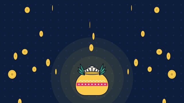 Dhanteras gold coins falling into brass pot on dotted night background, flat vector animation seamless loop