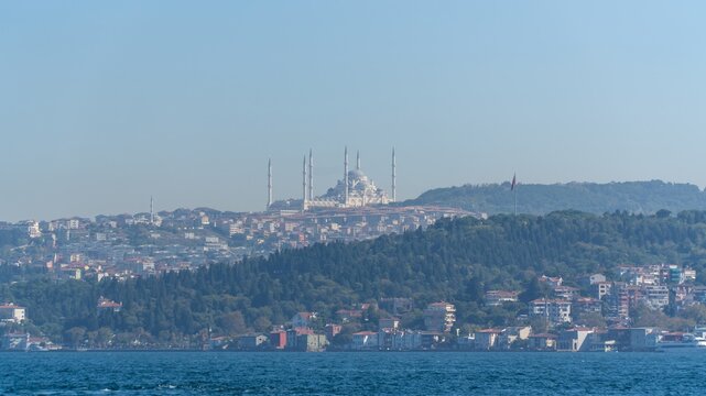 Camlica Mosque on top of Camlica Hill in Istanbul, Turkey, the largest mosque in the country, with its six minarets above the Asian shore of the Bosphorus