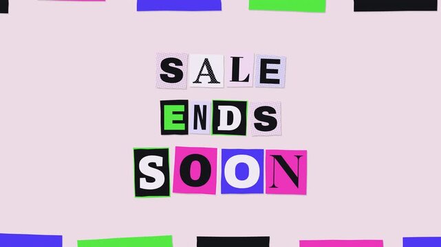 Sale Ends Soon ransom note cutout letters promo animation with colorful paper scraps on pastel pink stop motion seamless loop