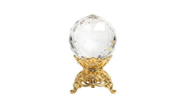 A beautiful faceted crystal ball resting on an ornate, intricate goldcolored metal stand, isolated on transparent background