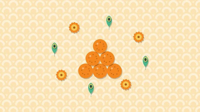 Govardhan Puja annakut sweets offering with orbiting marigolds and peacock feathers, flat vector animation seamless loop