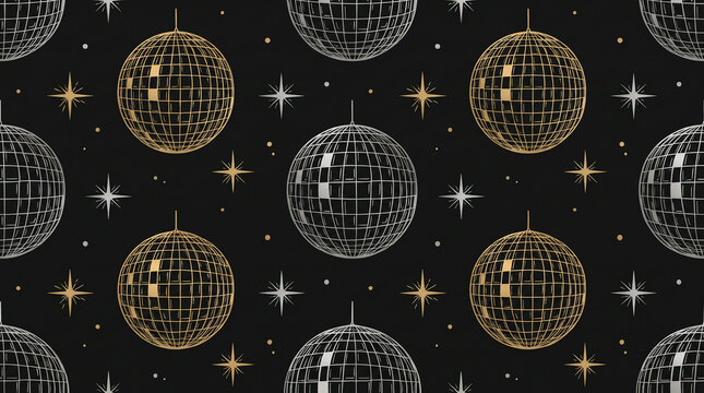 Seamless pattern with gold and silver disco balls and glowing stars on black background for new year party