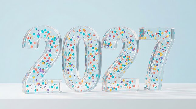 New Year 2027 celebration with glass numbers colorful confetti and