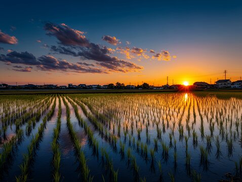 夕焼け空が水面に反射する田植えが終わったばかりの田園風景と日本の住宅街の夕景写真