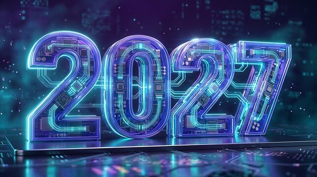New Year 2027 celebration with glowing circuit board numbers digital