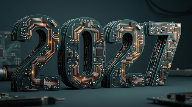 New Year 2027 celebration with circuit board numbers copper traces