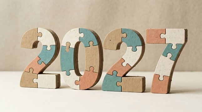 New Year 2027 celebration with colorful puzzle numbers cardboard