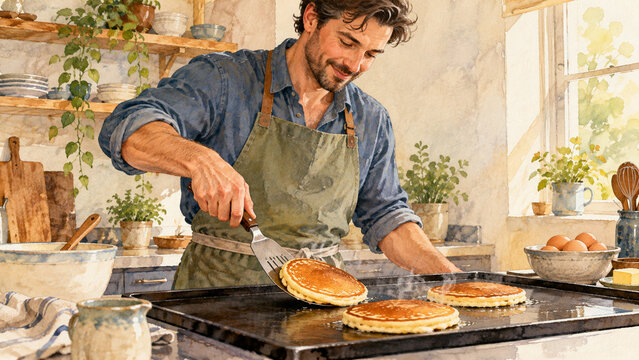 Breakfast Cook Turning a Pancake on a Flat Griddle
