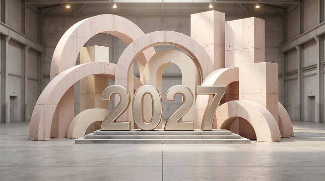 New Year 2027 celebration with golden numbers concrete arches and