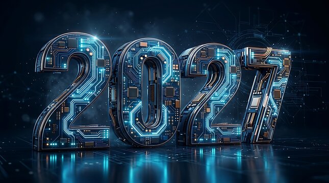New Year 2027 celebration with glowing digital circuit numbers