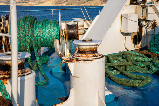 Mooring equipment and ropes on a ship's deck