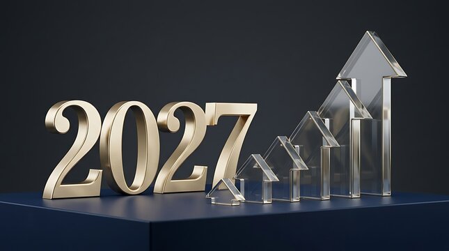 Financial planning for 2027 with gold numbers glass growth arrows and