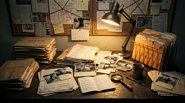 A detective's desk covered with case files, photos, notes, and a map, symbolizing investigation, mystery, and deduction, perfect for crime or mystery concepts.