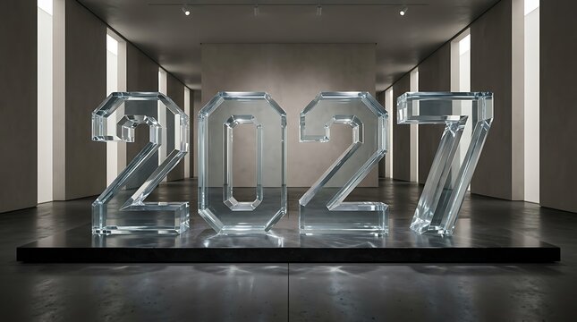 New Year 2027 celebration with glass numbers modern gallery pedestal