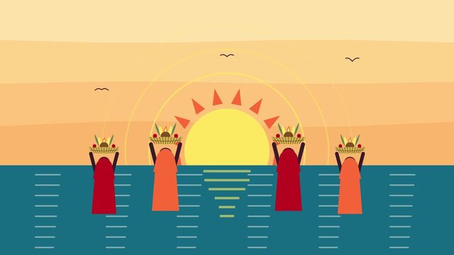 Chhath Puja devotees offering arghya to rising sun in river at Chhath, flat vector animation seamless loop