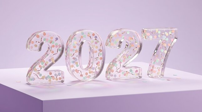 New Year 2027 celebration with resin numbers colorful confetti and