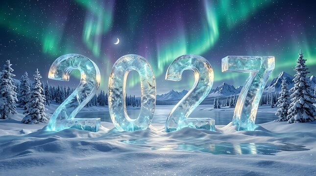 New Year 2027 celebration with ice numbers aurora borealis and snowy