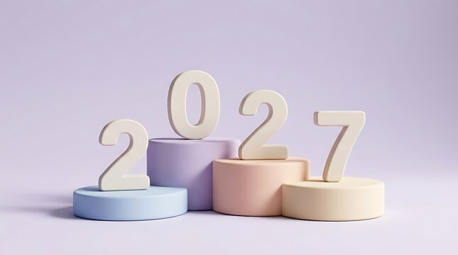 New Year 2027 celebration with 3D numbers pastel podiums and soft