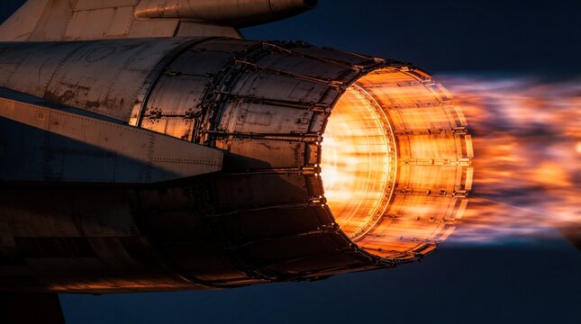 Bright orange fire flames burst from military fighter jet engine nozzle at night. Powerful afterburner exhaust creates hot thrust for fast flight. Close up view shows advanced aerospace tech, extreme