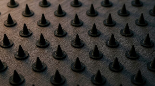Abstract Macro Shot of Black Pointed Metal Studs on Textured Grey Fabric Backdrop