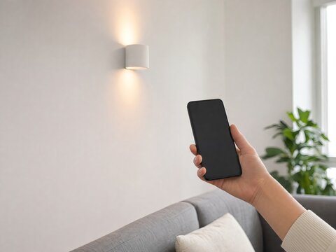 Hand Holding Smartphone with Blank Screen in Modern Living Room