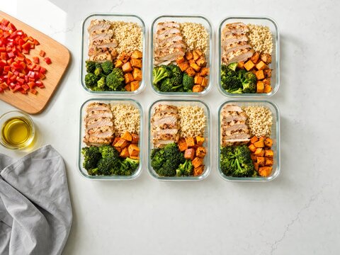 Healthy Chicken Meal Prep Containers with Vegetables and Grains