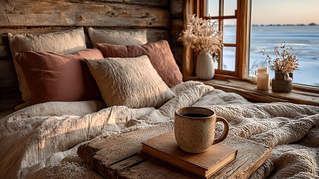 Cozy Rustic Winter Bedroom with Layered Bedding and Candlelight
