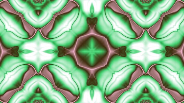 Abstract green and purple kaleidoscopic pattern background with symmetrical geometric shapes.