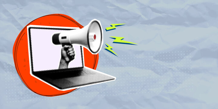 A contemporary conceptual pop-art collage with halftone technique: a hand with a megaphone appearing from a laptop screen. Metaphor for marketing announcement, digital promo and public relations.
