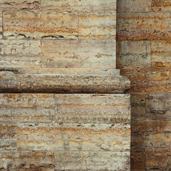 Close-up of a weathered stone wall with horizontal masonry blocks and a prominent architectural cornice molding. Ancient limestone surface with rust-colored stains and stratified layers for a historic © olgakudryashova
