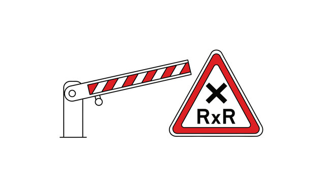 Railroad crossing gate barrier and RxR warning traffic sign vector illustration, isolated on white background. Railway safety, train track, stop barrier, and road sign flat line design concept.