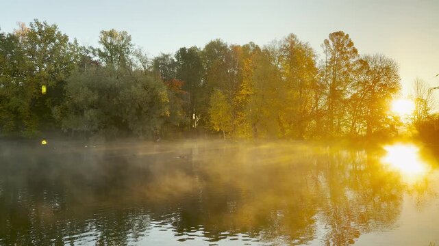 Golden sunbeams illuminate morning mist drifting over a quiet park lake in Pushkin, Russia, in slow motion. The radiant autumn trees create a warm, peaceful atmosphere.