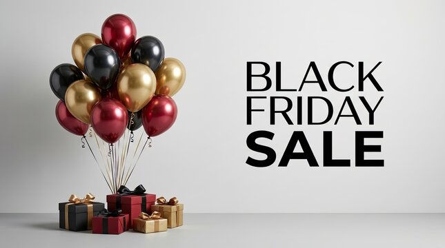 Festive black friday sale with colorful balloons and elegant decorations on a light background