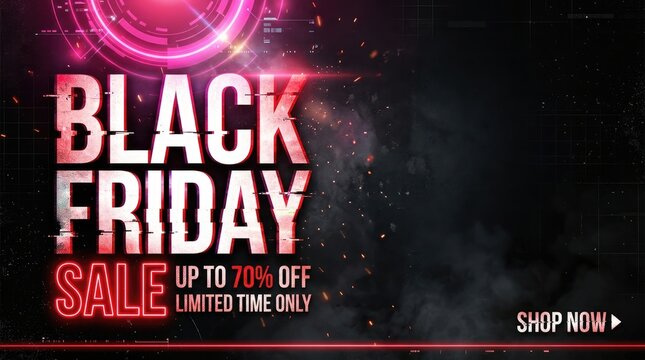 Dramatic black friday sale advertisement with neon lights and abstract background