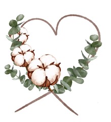 Handpainted watercolor heart frame with white cotton bolls and muted green eucalyptus leaves arranged along a brown heart outline.  © Atelier Varnik