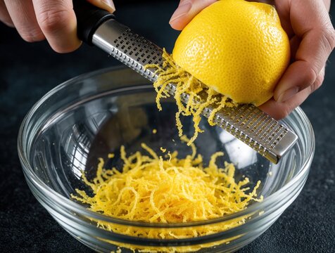 Close up of person grating fresh yellow lemon zest into clear glass bowl. Hand uses metal zester tool for cooking citrus ingredient. Preparing organic fruit rind for baking meal seasoning in kitchen.