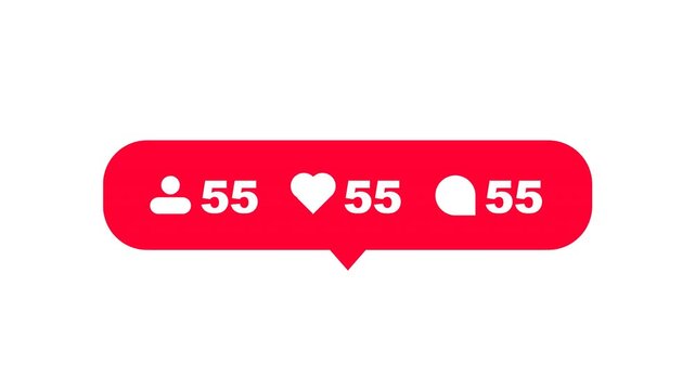 Red notification speech bubble icon with follower heart like and comment counter symbols for social media