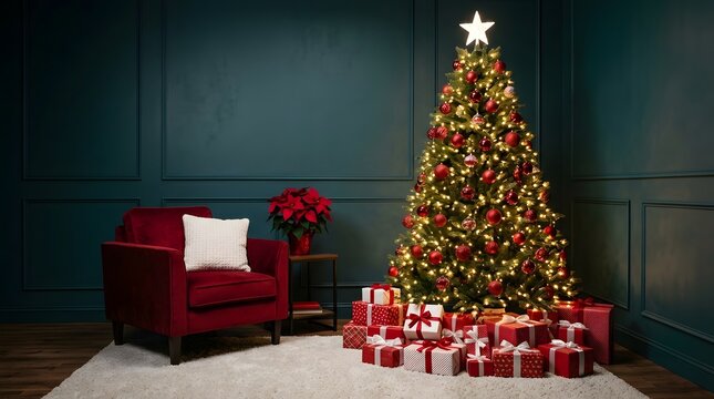 Luxurious christmas scene featuring a fully decorated tree and elegant red velvet furniture