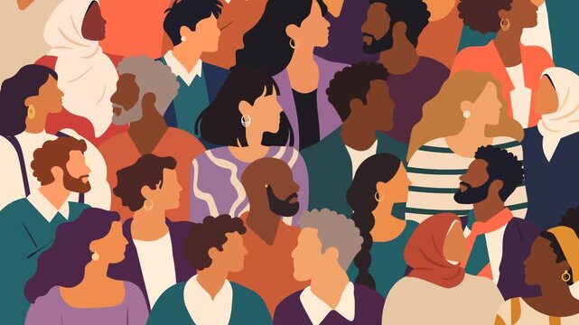 Diverse Men And Women Gradually Fill The Frame In A Colorful Flat 2D Animation. Multicultural People Community, Social Inclusion, Equality And Unity Concept. 