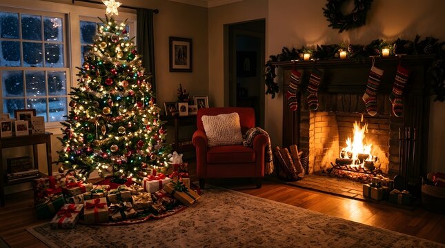 Warm and cozy christmas scene with a decorated tree and a crackling fireplace