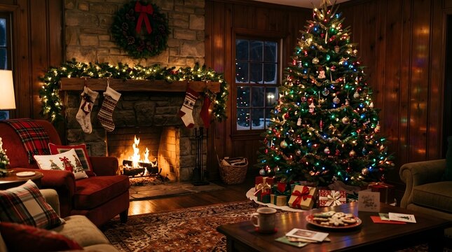 Warm and inviting christmas scene with a decorated tree and cozy fireplace glow