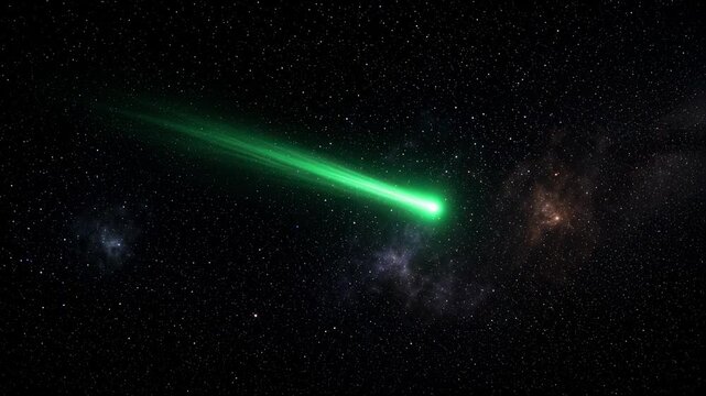 Green comet traveling through dark starry space