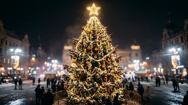 Large illuminated christmas tree sparkles in a bustling town square at night
