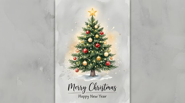 Festive christmas tree with ornaments and twinkling lights on a textured background