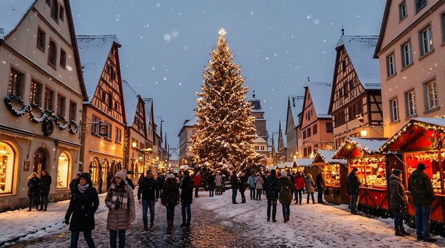 Festive christmas market in a historic european city at twilight with a towering tree