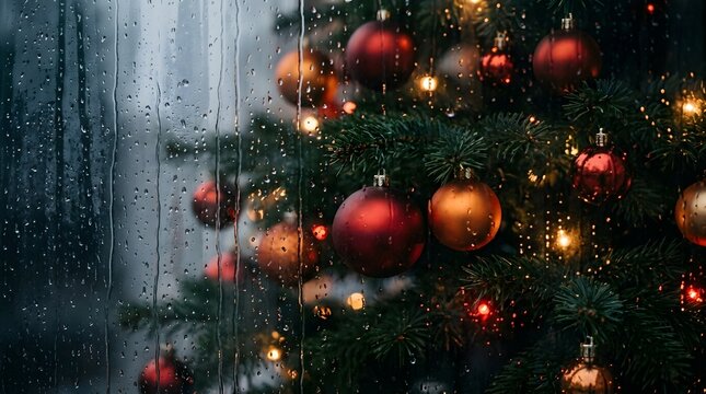 Rainy day looking through a window at a brightly lit christmas tree